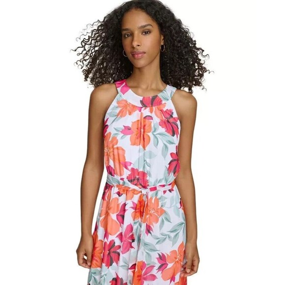 Calvin Klein Women's Floral-Print Halter Chiffon Maxi Dress White Multicolor 10 - Picture 4 of 12